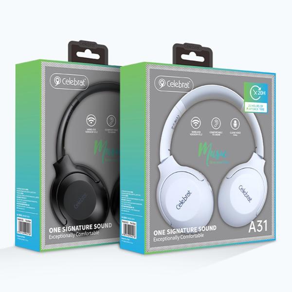 CELEBRAT A31 AURICULARES INAL&Aacute;MBRICOS CON BLUETOOTH, PLEGABLES, EST&Eacute;REO, PARA JUEGOS Y M&Uacute;SICA NEGRO