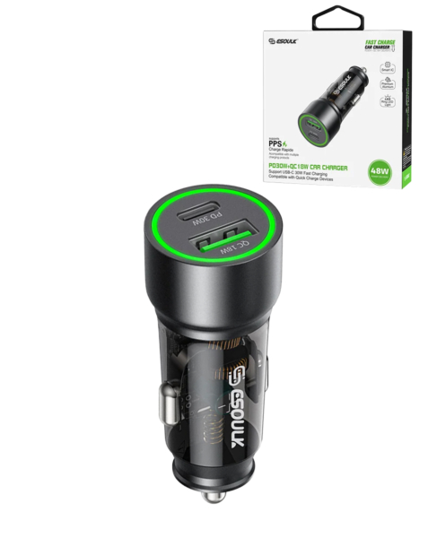 CARGADOR DE COCHE PD QC DE ESOULK (NEGRO) (48 W)