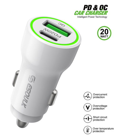 CARGADOR DE COCHE PD Y QC DE ESOULK (BLANCO) (20 W)