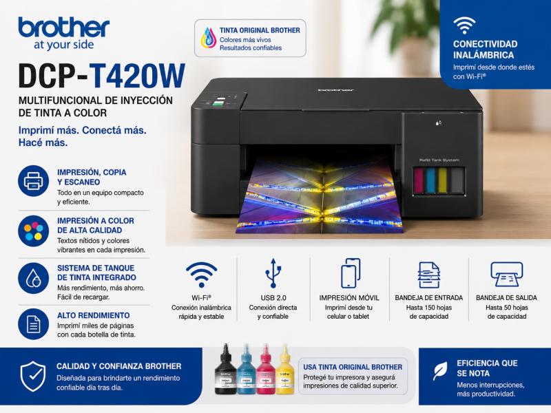 IMPRESORA BROTHER DCPT420W MULTIFUNCIONAL DE INYECCION DE TINTA A COLOR INALAMBRICO Y USB 2.0