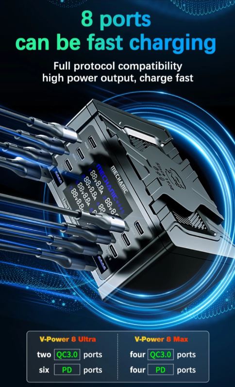CARGADOR R&Aacute;PIDO DE ALTA POTENCIA MECHANIC V-POWER 8 ULTRA CON PANTALLA DIGITAL DE 8 PUERTOS