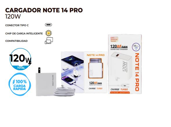 CARGADOR NOTE 14 PRO 120W TIPO C SUPER CARGA RAPIDA