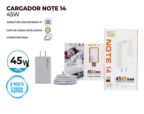 CARGADOR NOTE 14  45W TIPO C SUPER CARGA RAPIDA