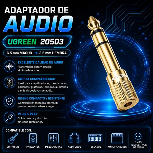 ADAPTADOR DE AUDIO UGREEN 20503 6.5MM A 3.5MM DORADO