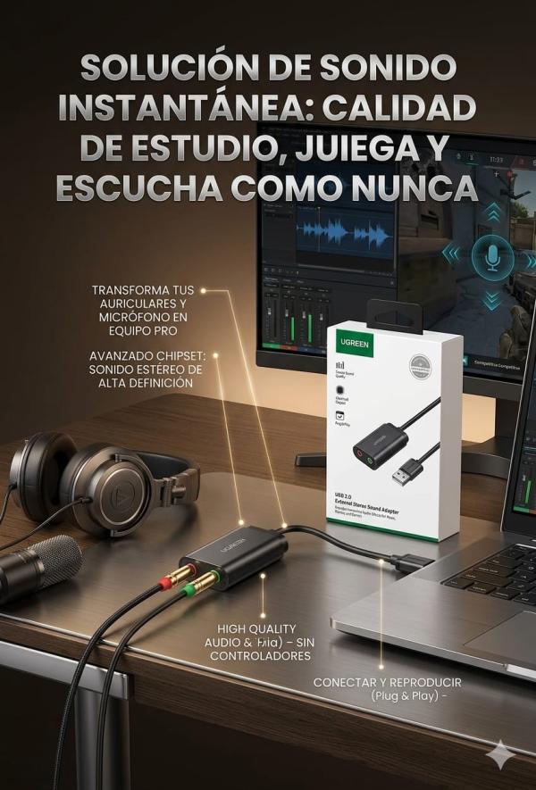 ADAPTADOR DE AUDIO UGREEN US205 USB-A A 3.5MM 48KHZ 30724 NEGRO