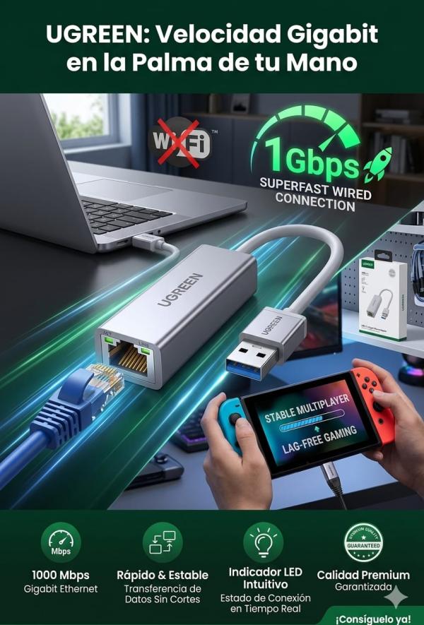 ADAPTADOR DE RED UGREEN CR111 USB-A A RJ45 1000MBPS 20255 BLANCO
