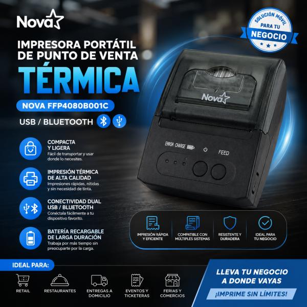 IMPRESORA PORTÁTIL DE PUNTO DE VENTA TÉRMICA NOVA FFP4080B001C USB / BLUETOOTH NEGRO
