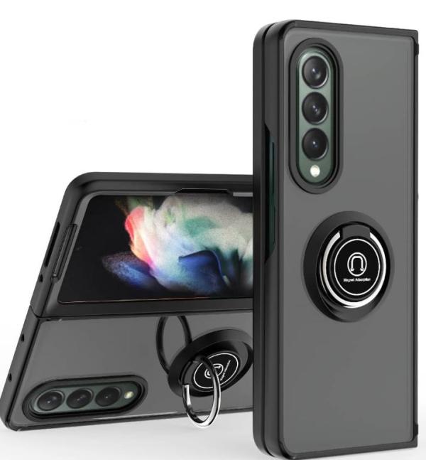 FUNDA PARA GALAXY Z FOLD 4, PARTE TRASERA DE POLICARBONATO RÍGIDO Y BORDE DE TPU SUAVE DE COLORES CON SOPORTE DE ANILLO EN I - NEGRO